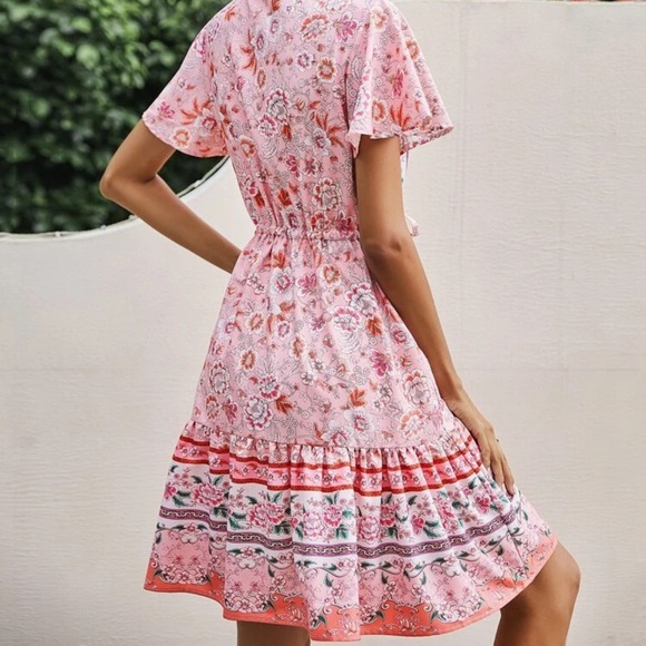 Button up boho gypsy floral print mini dress pink - Picture 6 of 12
